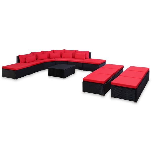 vidaXL 9-tlg. Garten-Sofagarnitur mit Kissen Rot Poly Rattan
