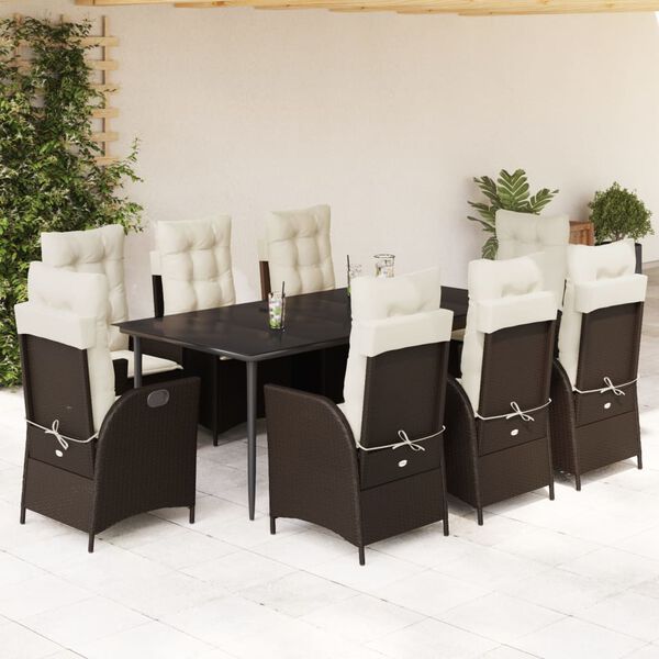 vidaXL 9-tlg. Garten-Essgruppe mit Kissen Braun Poly Rattan