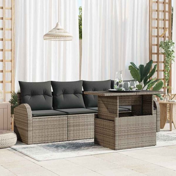 vidaXL Garten-Sofa-Set mit Kissen mit Kissen 5 pcs Grau Poly Rattan