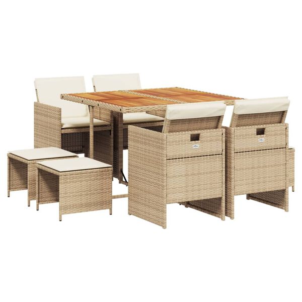 vidaXL 9-tlg. Garten-Essgruppe mit Kissen Beige Poly Rattan