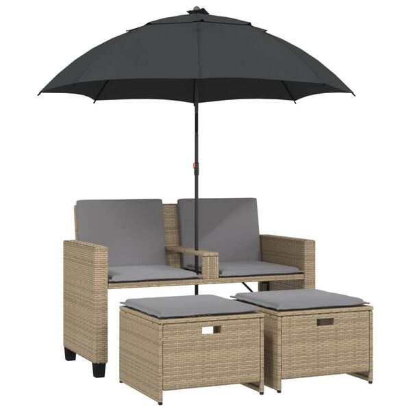 vidaXL Gartensofa 2-Sitzer Sonnenschirm und Hocker Beige Poly-Rattan