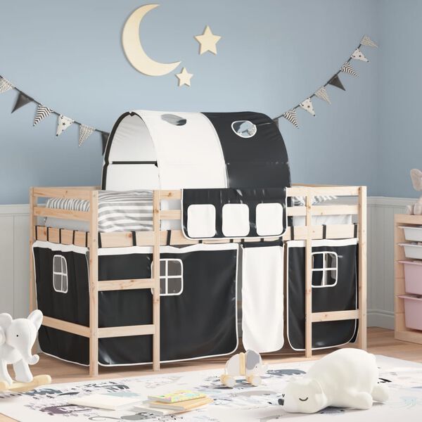 vidaXL Kinderhochbett mit Tunnel Wei&szlig; & Schwarz 90x190 cm Kiefernholz