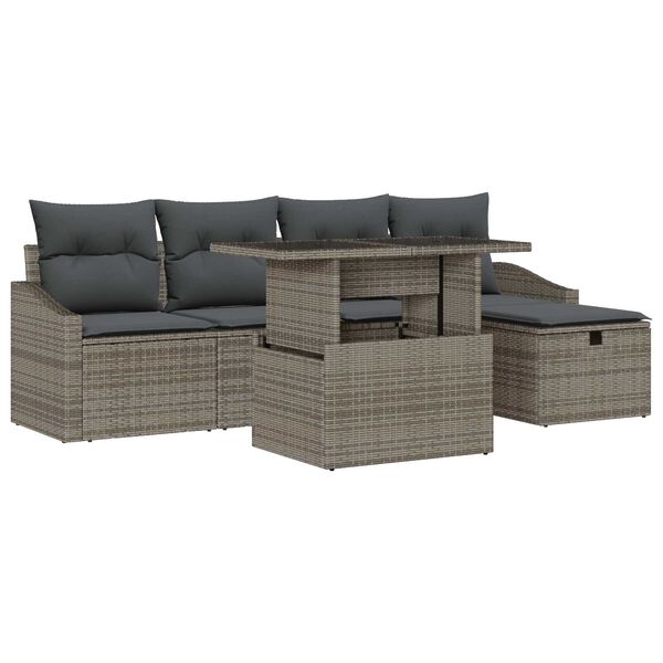vidaXL Garten-Sofa-Set mit Kissen mit Speicher 6 pcs Grau Poly Rattan