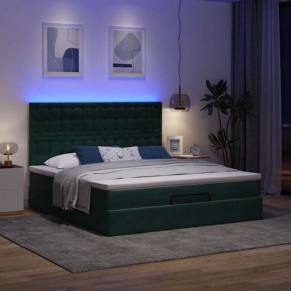 vidaXL Ottoman-Bett mit Matratzen & LEDs Dunkelgr&uuml;n 160x200 cm Samt