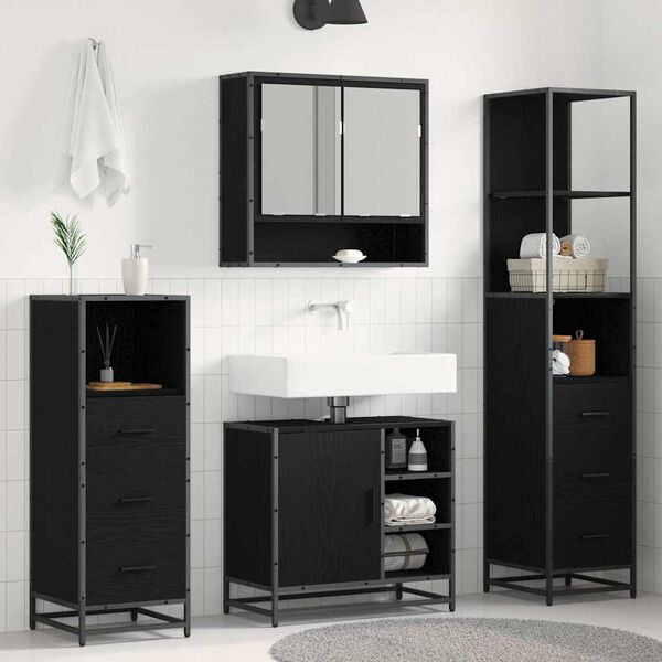 vidaXL Badezimmerm&ouml;bel-Set 4 pcs Schwarz Eichen-Optik Holzwerkstoff