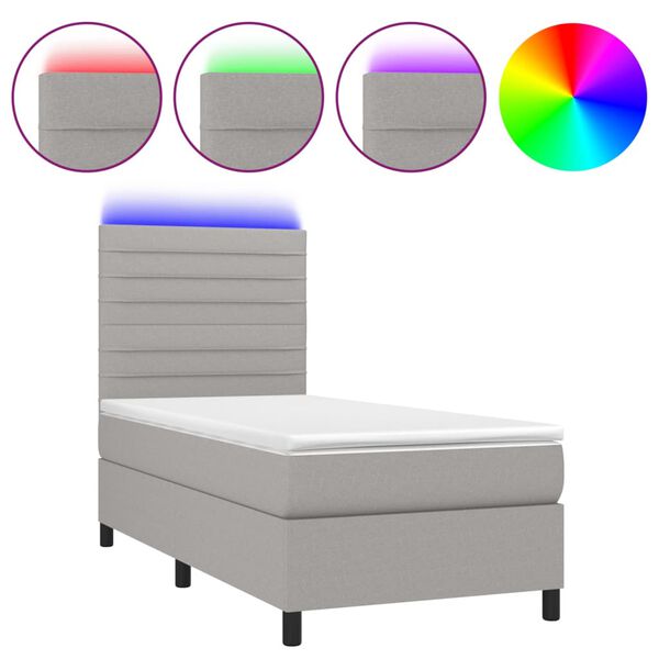 vidaXL Boxspringbett mit Matratze & LED Hellgrau 90x200 cm Stoff