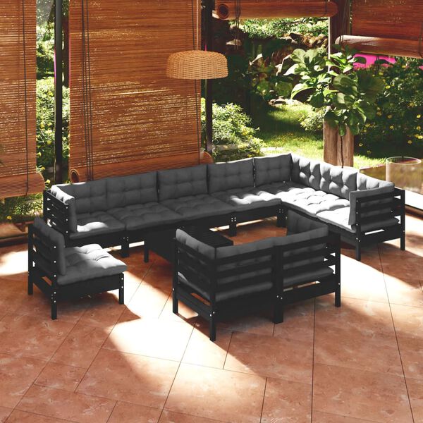 vidaXL 11-tlg. Garten-Lounge-Set mit Kissen Schwarz Massivholz Kiefer