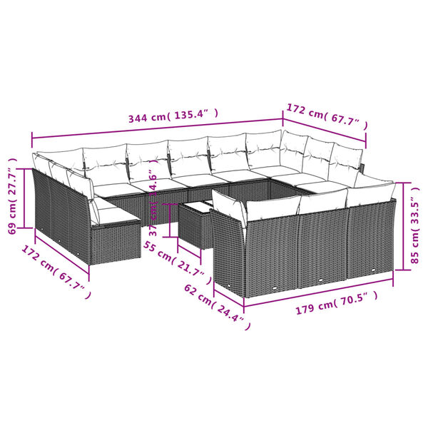 vidaXL 14-tlg. Garten-Sofagarnitur mit Kissen Braun Poly Rattan