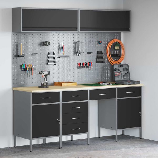 vidaXL Arbeitsschrankset mit Schubladen mit Speicher 10 pcs Schwarz
