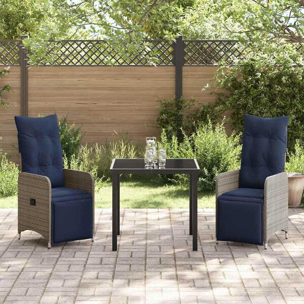 vidaXL Tisch- und Stuhlset mit Kissen 3 pcs Grau PE-Rattan