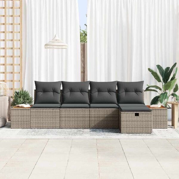 vidaXL Garten-Sofa-Set mit Kissen 5 pcs Grau Poly Rattan