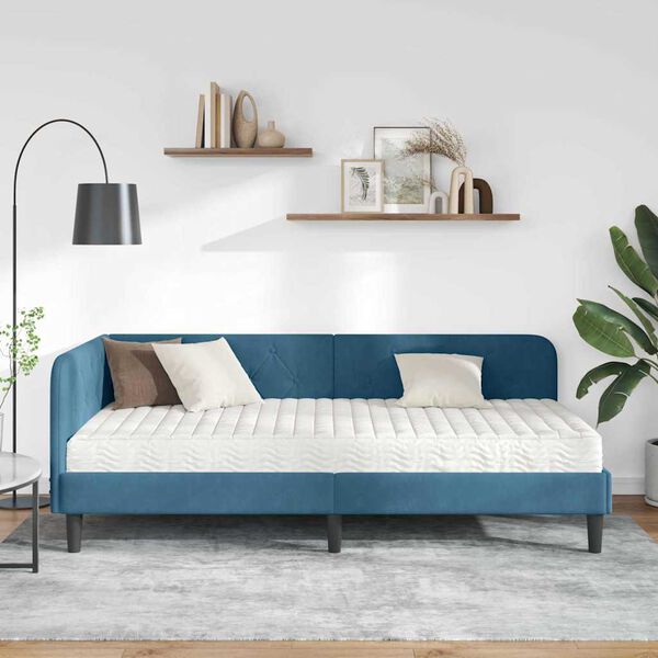 vidaXL Eckbettgestell mit Matratze mit Kopfteil Blau 90 x 200 cm Samt