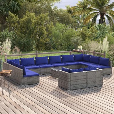 vidaXL 13-tlg. Garten-Lounge-Set mit Kissen Grau Poly Rattan