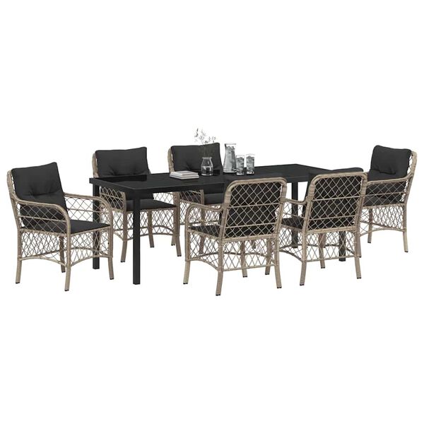 vidaXL Garten Essgruppe mit Kissen 7 pcs Hellgrau Poly-Rattan