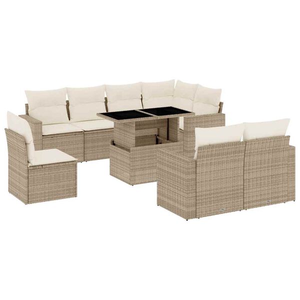 vidaXL 9-tlg. Garten-Sofagarnitur mit Kissen Beige Poly Rattan