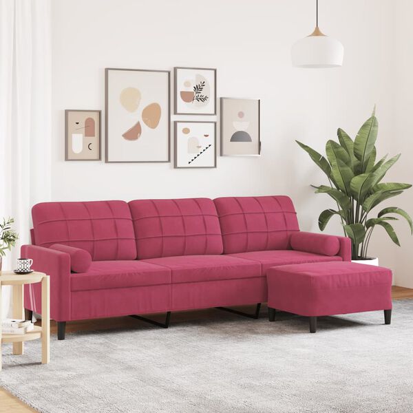 vidaXL 3-Sitzer-Sofa mit Hocker Weinrot 210 cm Samt