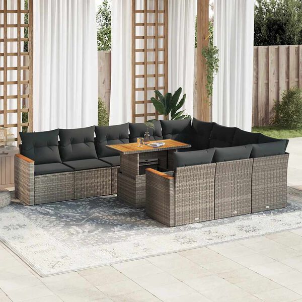 vidaXL 11-tlg. Garten-Sofagarnitur mit Kissen Grau Poly Rattan Akazie