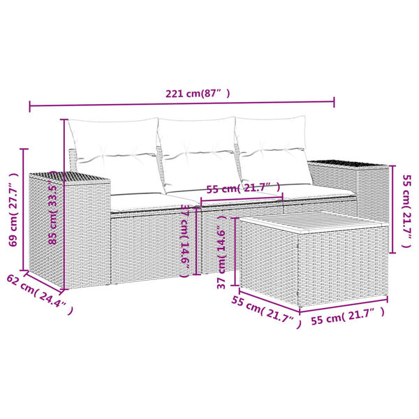 vidaXL 4-tlg. Garten-Sofagarnitur mit Kissen Beige Poly Rattan