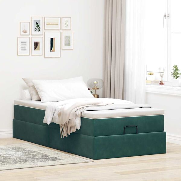 vidaXL Ottoman-Bett mit Matratze Dunkelgr&uuml;n 100x200 cm Samt