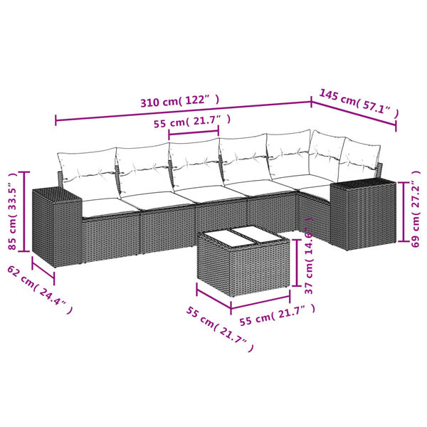 vidaXL 7-tlg. Garten-Sofagarnitur mit Kissen Grau Poly Rattan