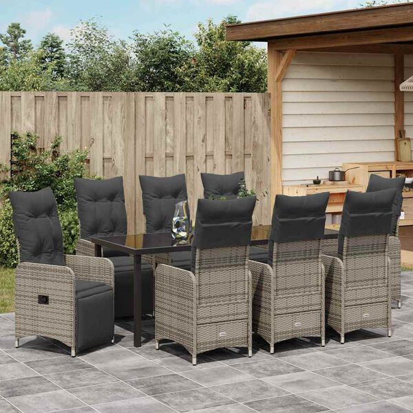 vidaXL Garten Essgruppe mit Kissen 9 pcs Grau Poly Rattan