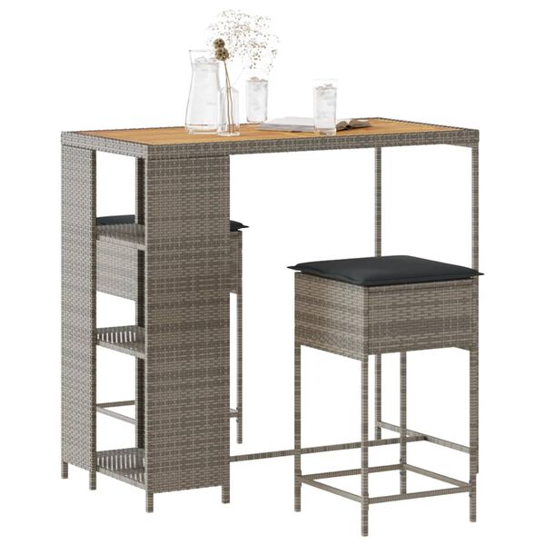 vidaXL 3-tlg. Gartenbar-Set mit Kissen Grau Poly Rattan