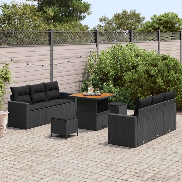 vidaXL Garten-Sofa-Set mit Kissen mit Speicher 9 pcs Schwarz