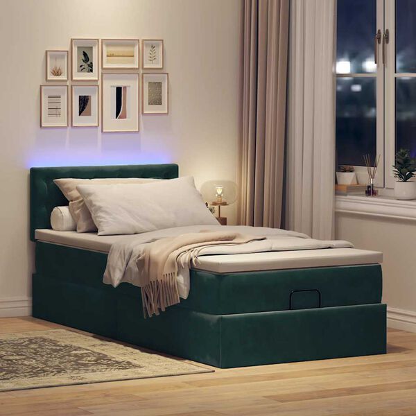 vidaXL Ottomane Bett mit Matratze & LEDs Dunkelgr&uuml;n 90x200 cm Samt