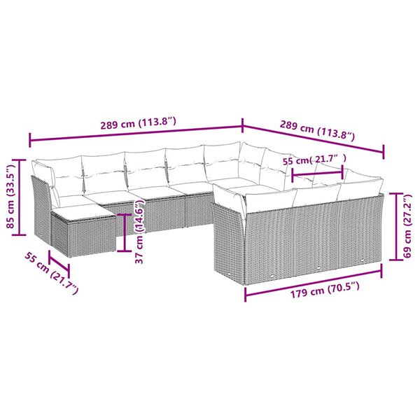 vidaXL 12-tlg. Garten-Sofagarnitur mit Kissen Braun Poly Rattan