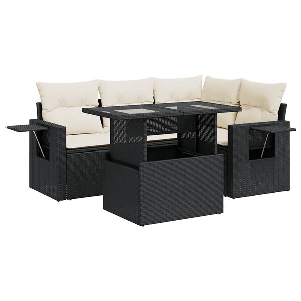 vidaXL 5-tlg. Garten-Sofagarnitur mit Kissen Schwarz Poly Rattan