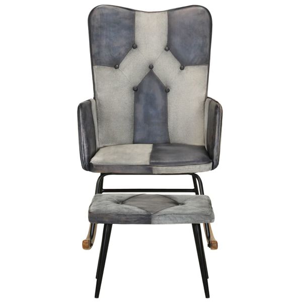 vidaXL Schaukelstuhl mit Fußhocker Grau Echtleder und Canvas