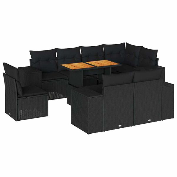 vidaXL 9-tlg. Garten-Sofagarnitur mit Kissen Schwarz Poly Rattan