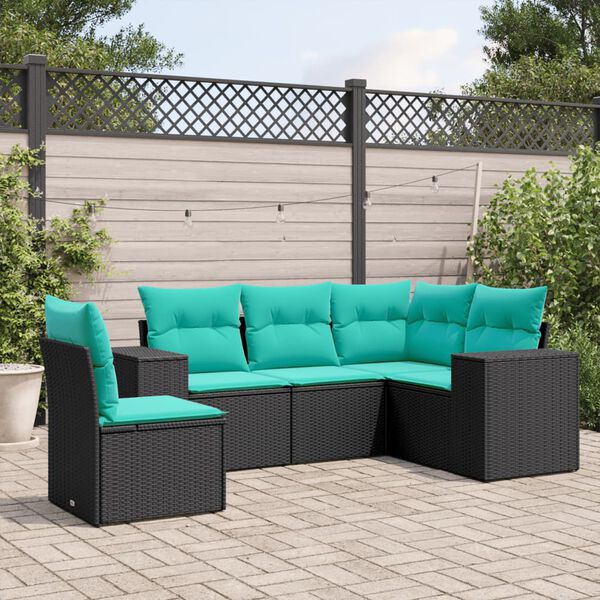 vidaXL 5-teiliges Gartensofa-Set mit Kissen, schwarzes Polyrattan