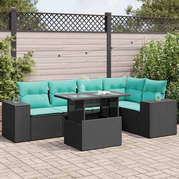 vidaXL 6tlg. Garten-Sofagarnitur mit Kissen Schwarz Poly Rattan Akazie