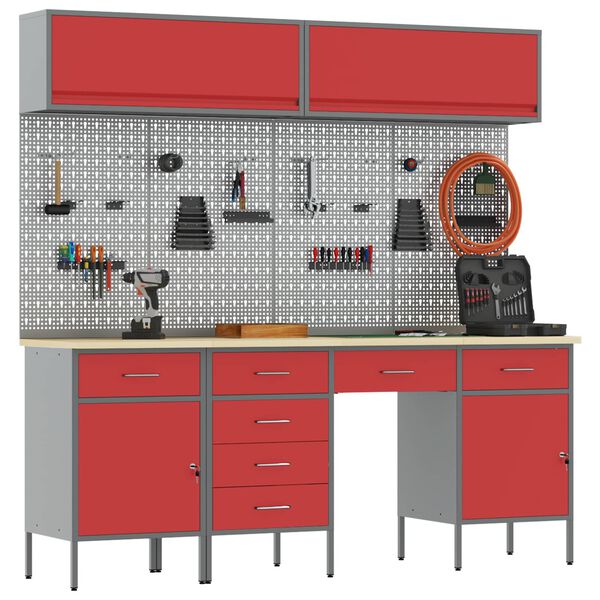 vidaXL Werkbank mit Schubladen 10 pcs Rot Ingenieure Holz und Stahl