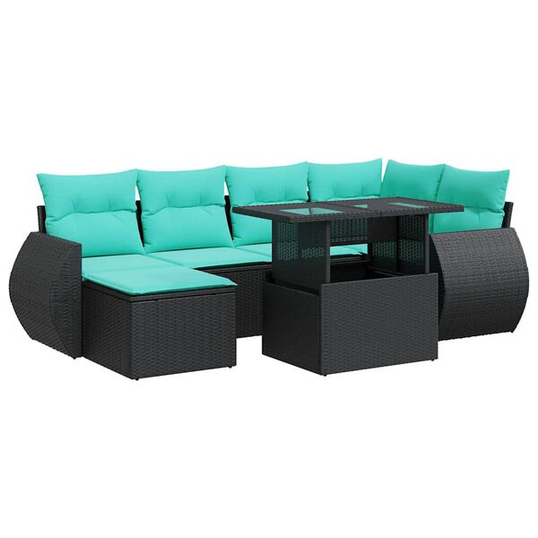 vidaXL 7-tlg. Garten-Sofagarnitur mit Kissen Schwarz Poly Rattan