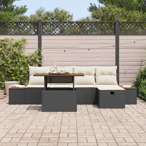 vidaXL Garten-Sofa-Set mit Kissen 6 pcs Schwarz Poly Rattan