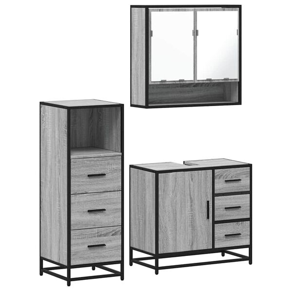 vidaXL 3-tlg. Badm&ouml;bel-Set Grau Sonoma Holzwerkstoff