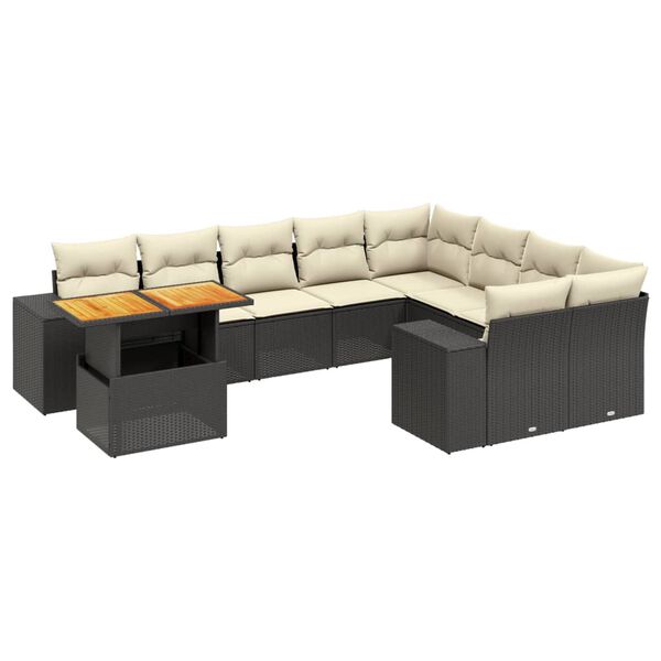 vidaXL 10-tlg. Garten-Sofagarnitur mit Kissen Schwarz Poly Rattan