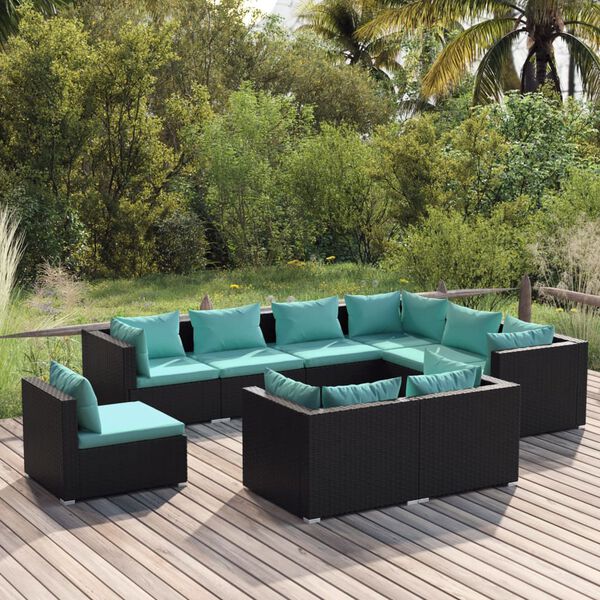 vidaXL 9-tlg. Garten-Lounge-Set mit Kissen Poly Rattan Schwarz