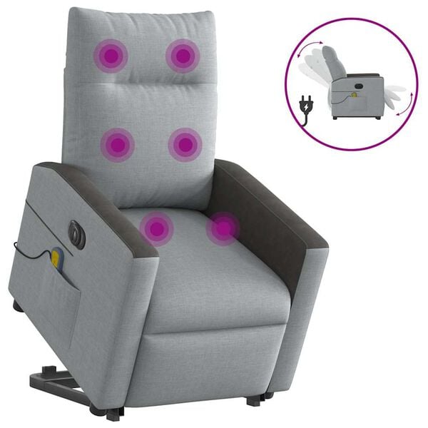 vidaXL Elektrischer Massagesessel mit Aufstehhilfe Hellgrau Stoff