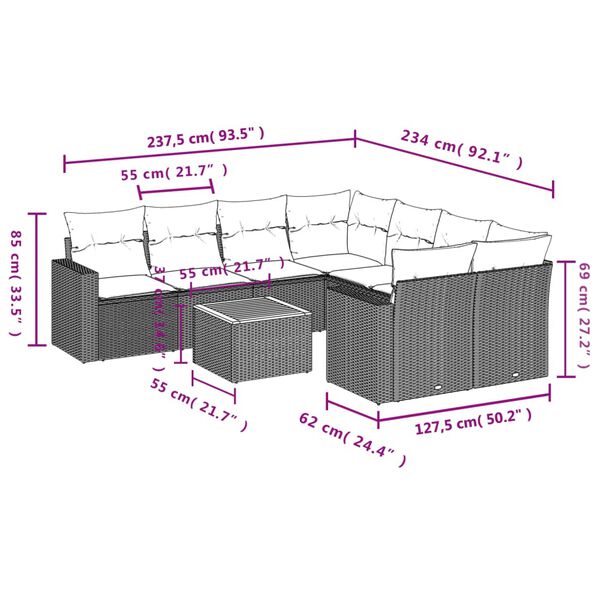 vidaXL 9-tlg. Garten-Sofagarnitur mit Kissen Beige Poly Rattan