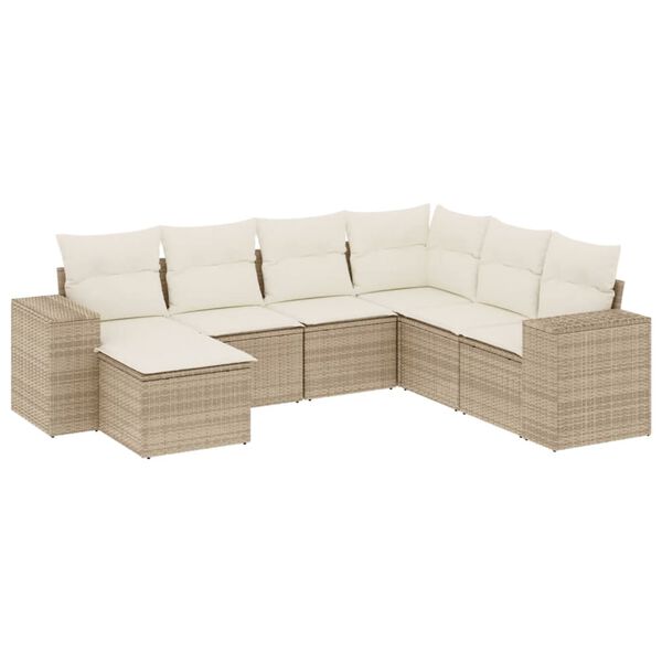 vidaXL 7-tlg. Garten-Sofagarnitur mit Kissen Beige Poly Rattan