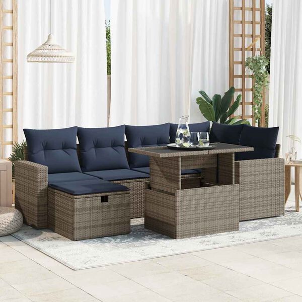vidaXL 7-tlg. Garten-Sofagarnitur mit Kissen Grau Poly Rattan Akazie