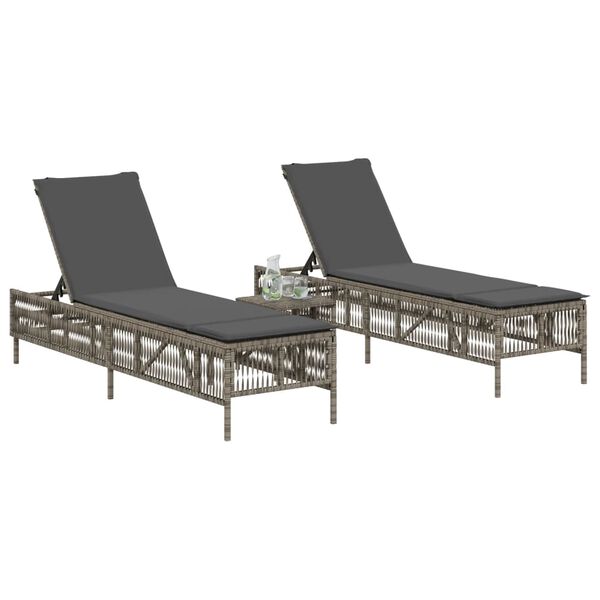 vidaXL Sonnenliegen 2 Stk. mit Tisch Grau Poly Rattan