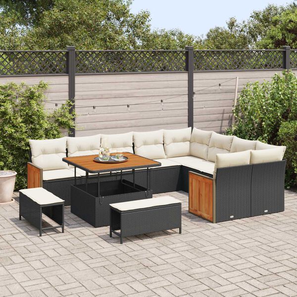 vidaXL Garten-Sofa-Set 12 pcs Schwarz und Creme Poly-Rattan