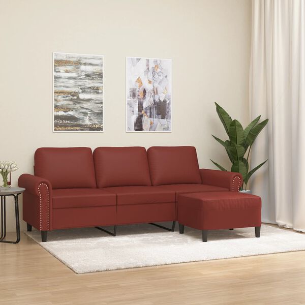 vidaXL 3-Sitzer-Sofa mit Hocker Weinrot 180 cm Kunstleder