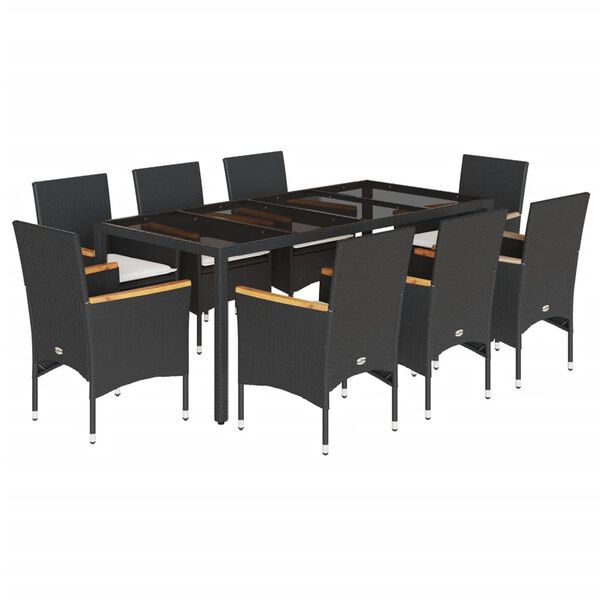 vidaXL 9-tlg. Garten-Essgruppe mit Kissen Schwarz Poly Rattan und Glas