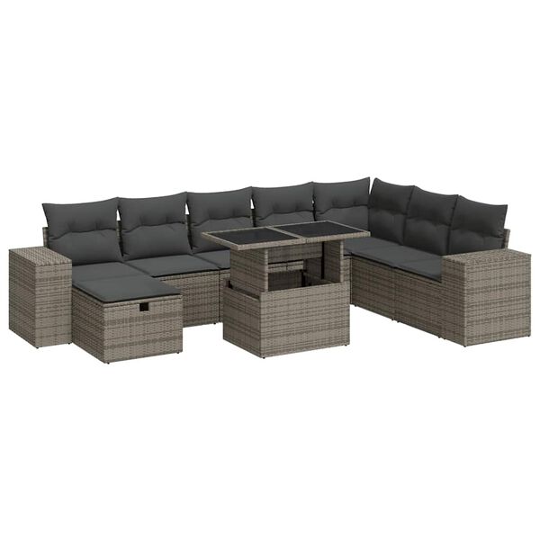 vidaXL 9-tlg. Garten-Sofagarnitur mit Kissen Grau Poly Rattan