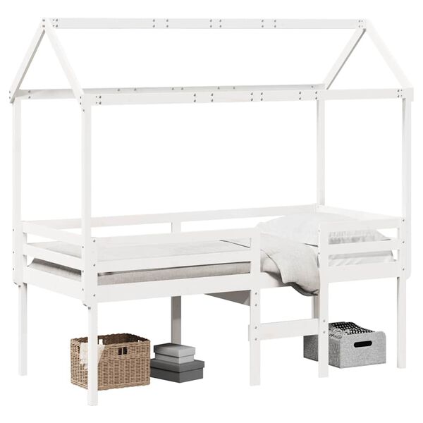 vidaXL Hochbett mit Dach Wei&szlig; 90x190 cm Massivholz Kiefer